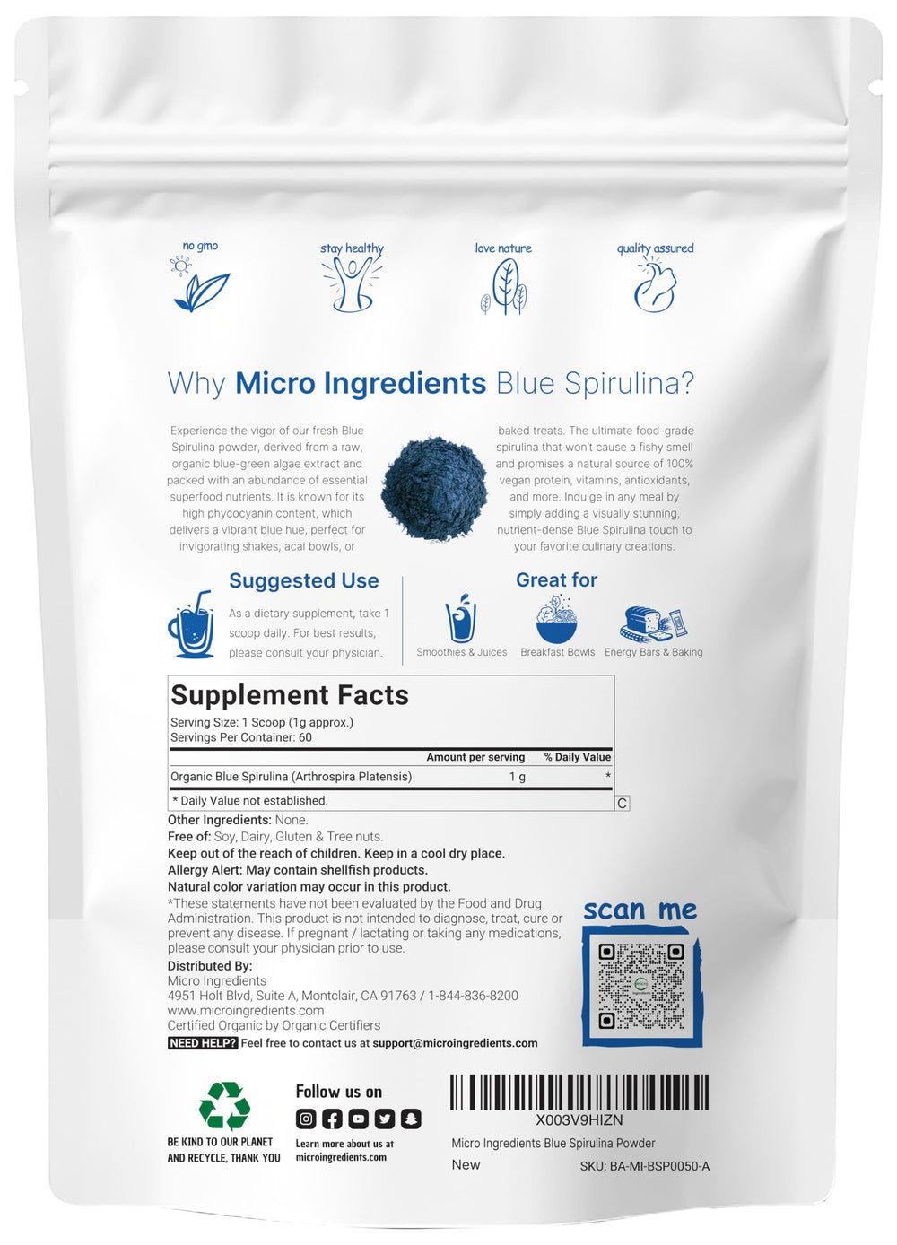 Close-up of the 60 g pouch of blue spirulina powder