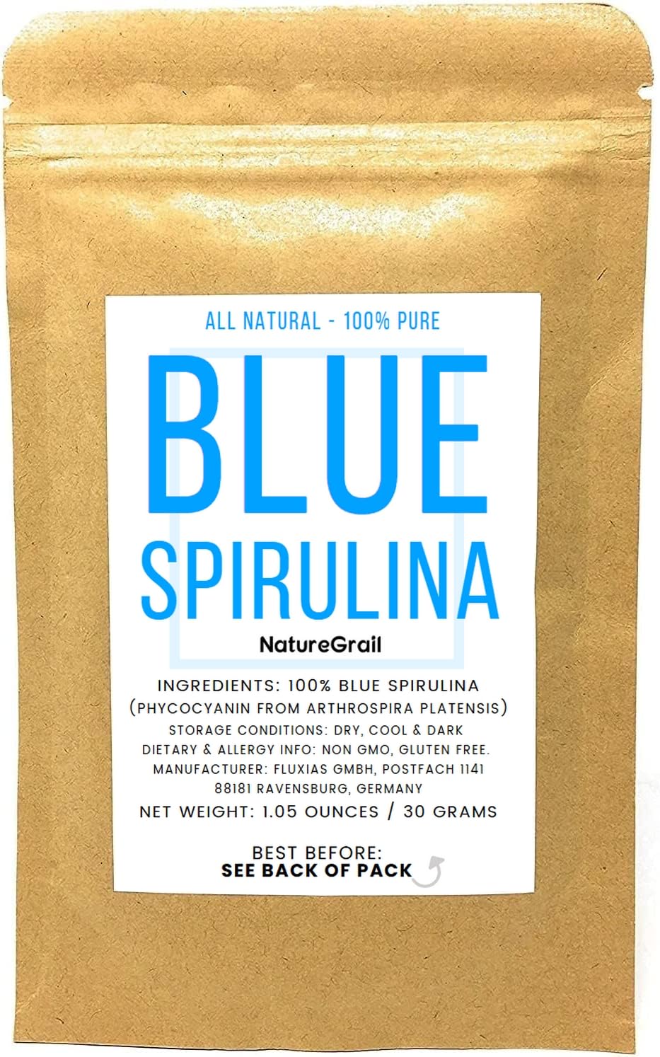 Front view of Blue Spirulina powder container