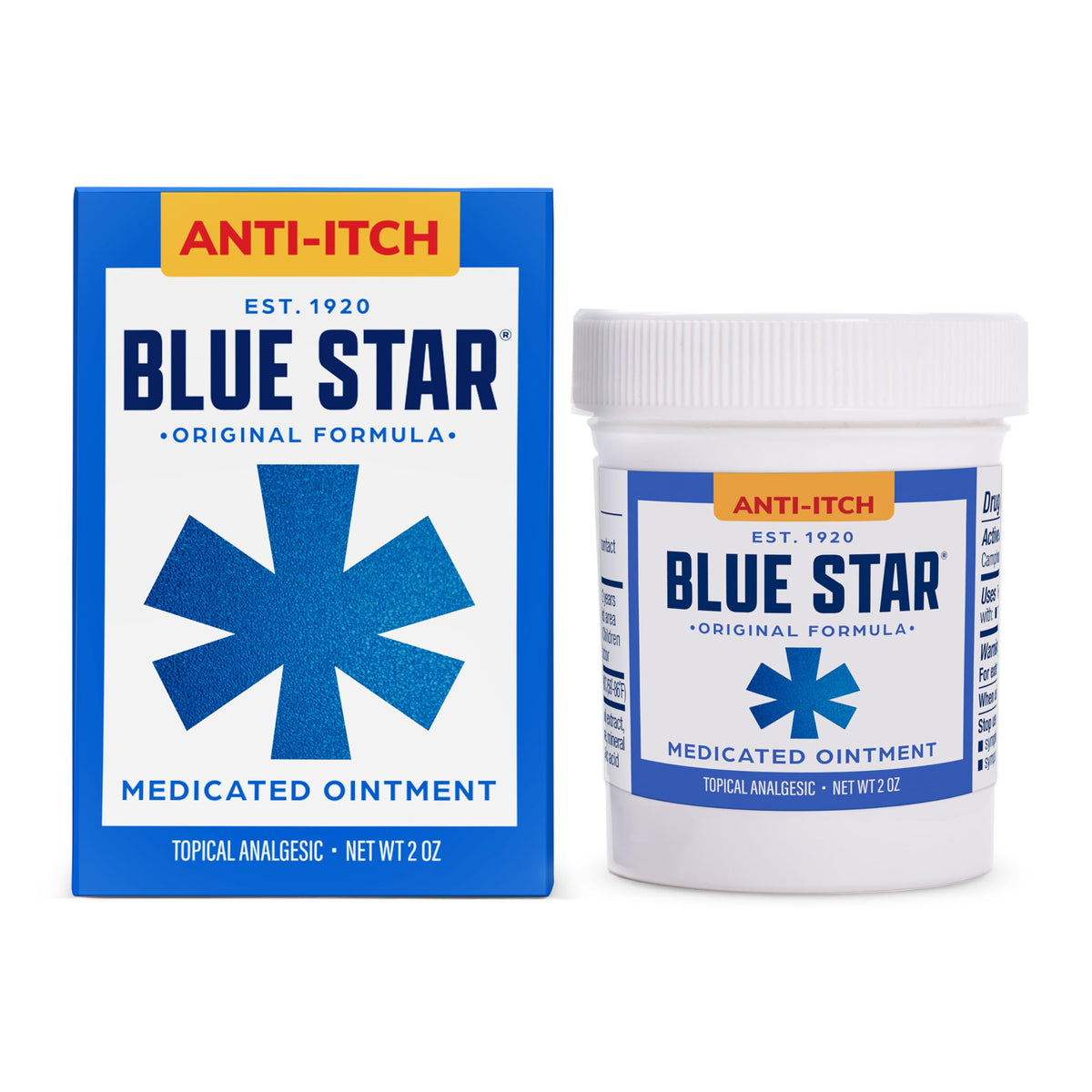Blue Star Ointment 2oz jar closeup for portable itch relief