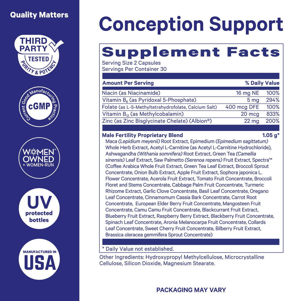 Key ingredients displayed: Maca Root, Ashwagandha, Folate, Vitamin B12
