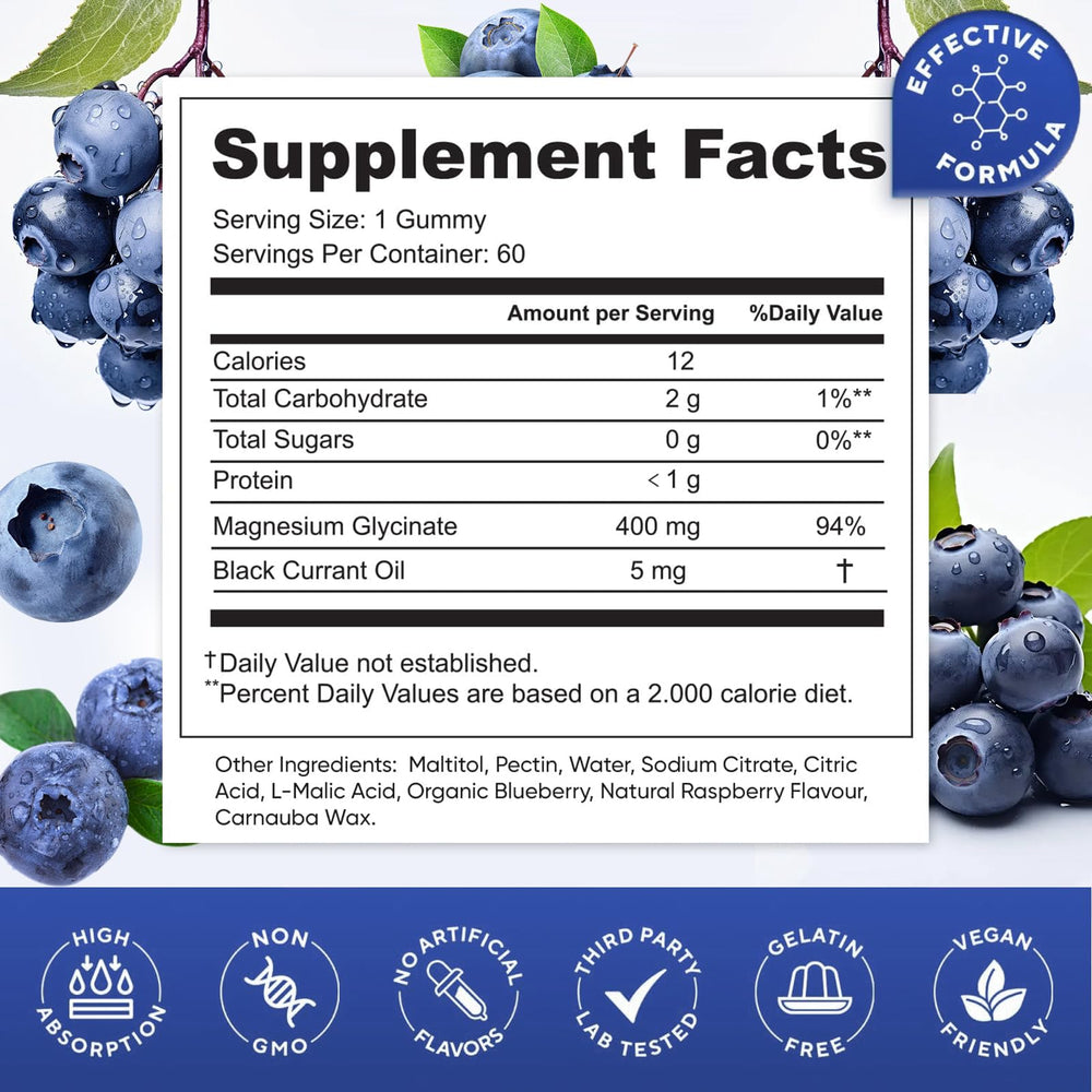 Close-up of a blueberry flavored magnesium glycinate gummy