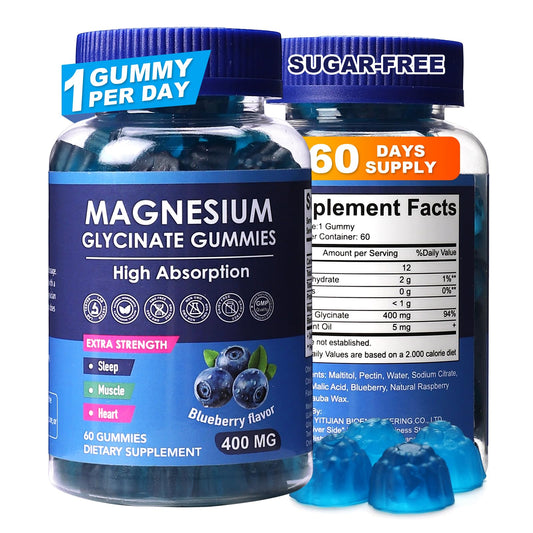 Front view of Blueberry Flavor Magnesium Glycinate Gummies bottle