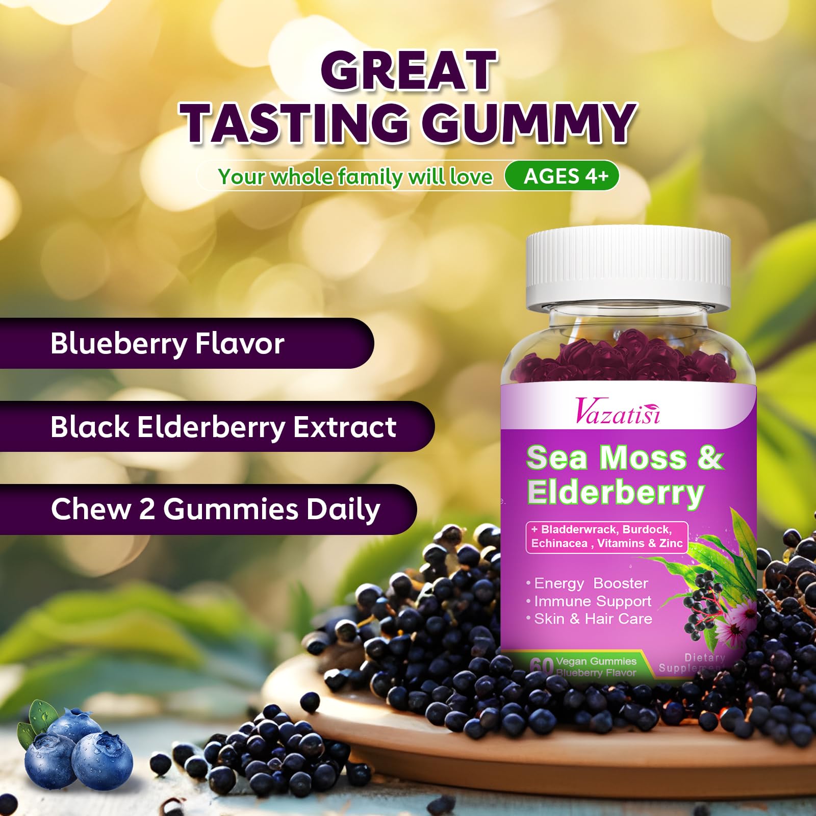 Blueberry-flavored immune support gummies on white background