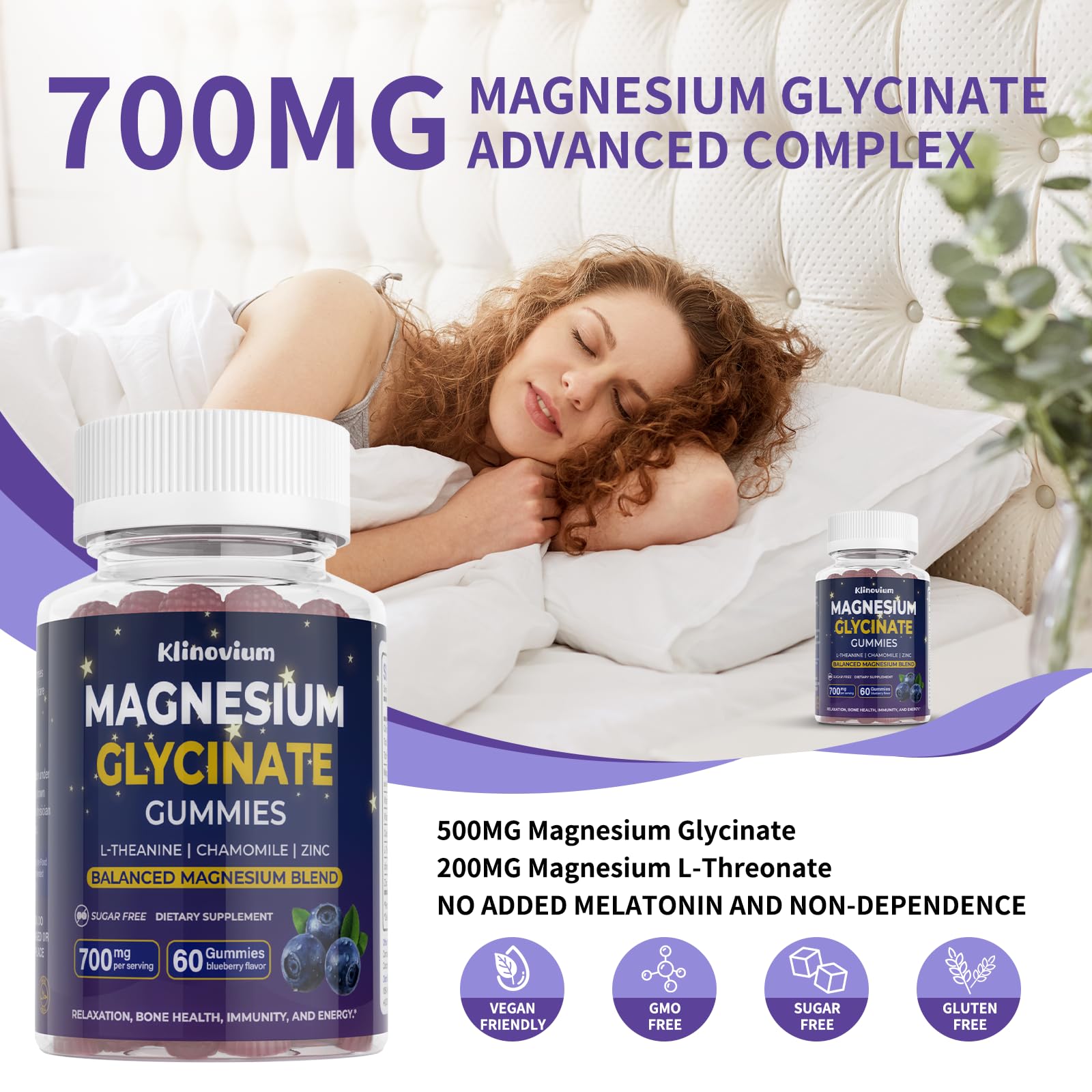 Gummies display with label showing 700mg magnesium glycinate