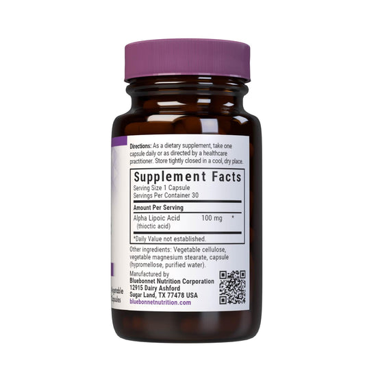 Product label for Bluebonnet Nutrition Alpha Lipoic Acid 100 mg