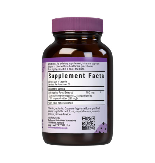 Close-up of Astragalus Root Extract capsules showing 400 mg extract standardized to 70 polysaccharides