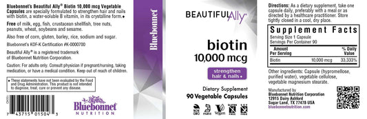 Close-up of Bluebonnet Beautiful Ally Biotin 10,000 mcg capsules and bottle