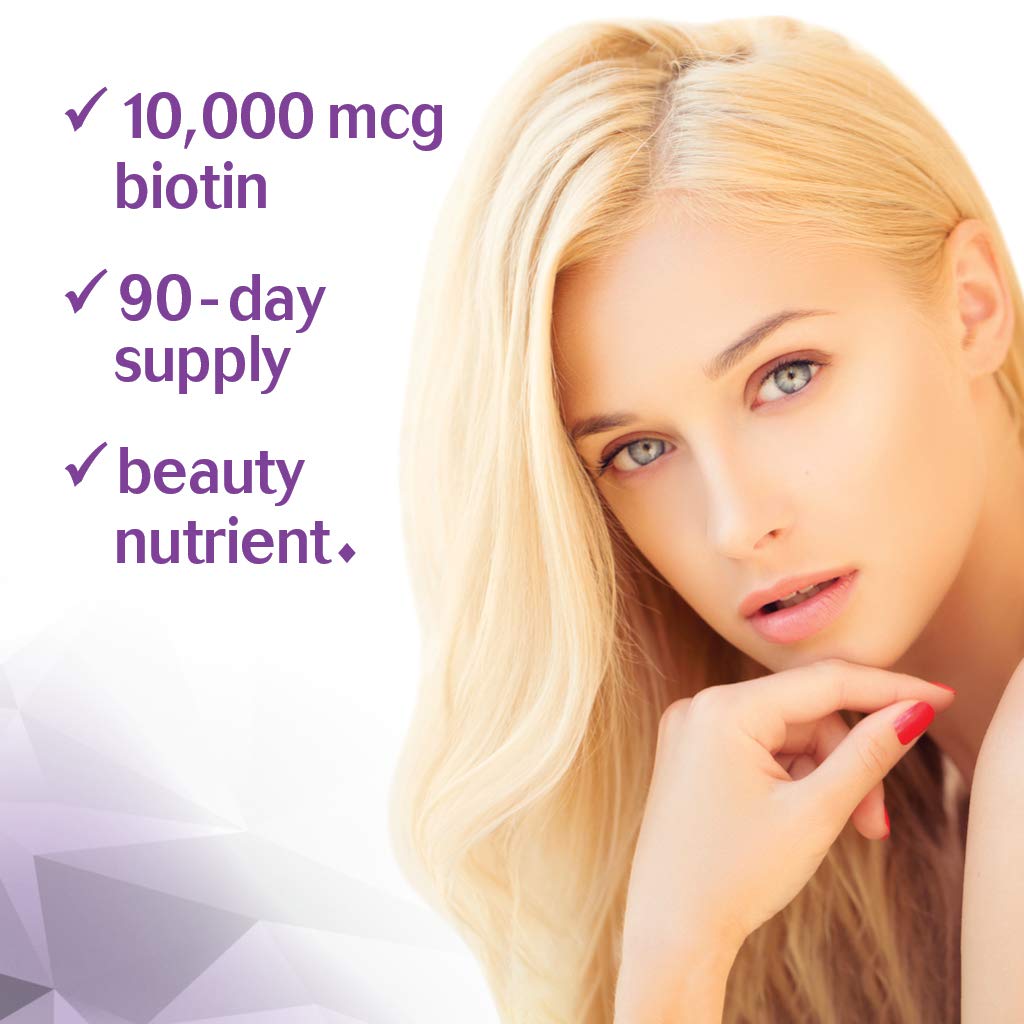 Bottle showing 90 servings of Beautiful Ally Biotin 10,000 mcg