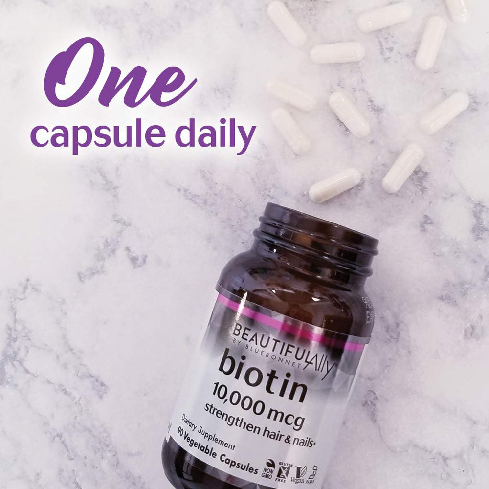 Allergen-free icons on Bluebonnet Biotin packaging (soy-free, gluten-free, non-GMO)