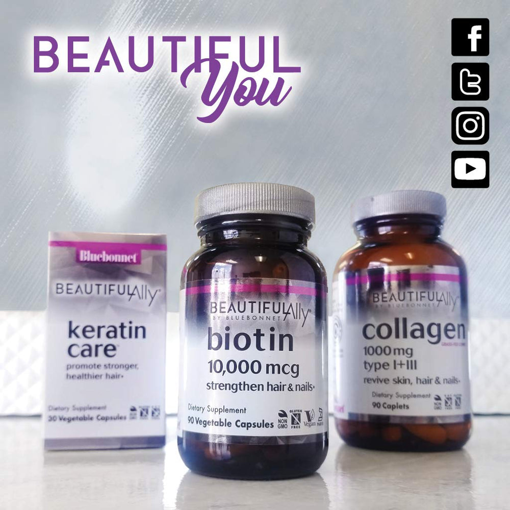 Front packaging and nutrition facts for Beautiful Ally Biotin