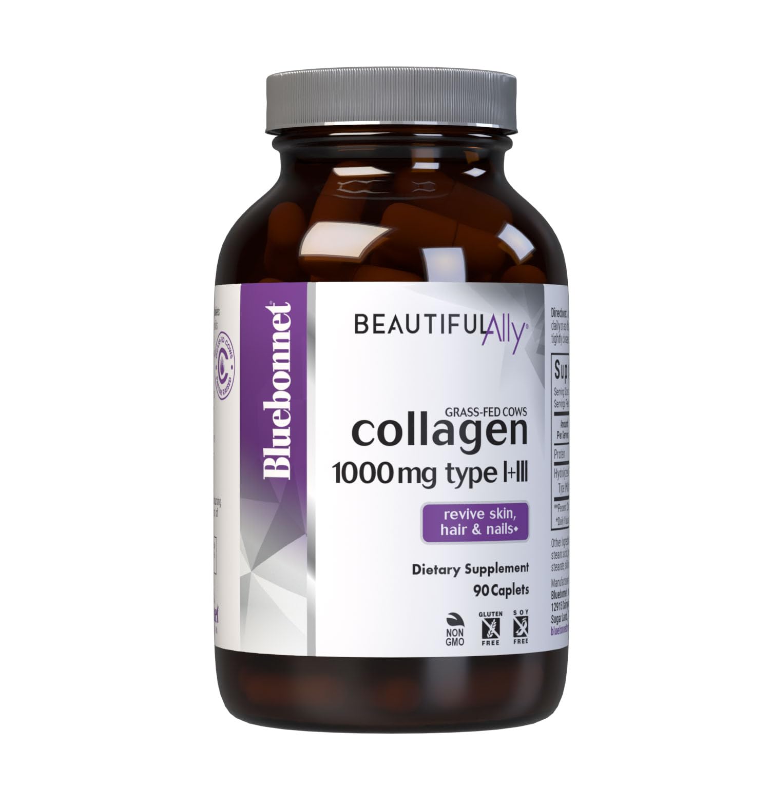 Bottle of Bluebonnet Beautiful Ally Collagen Caplets showing 90 caplets