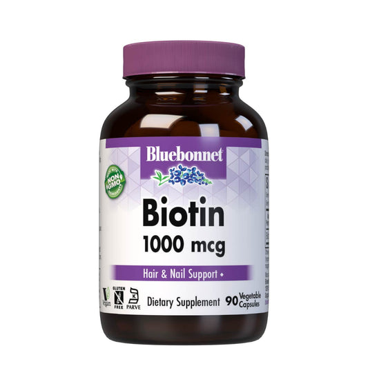 Bluebonnet Biotin 1000 mcg Vegetable Capsules bottle and label