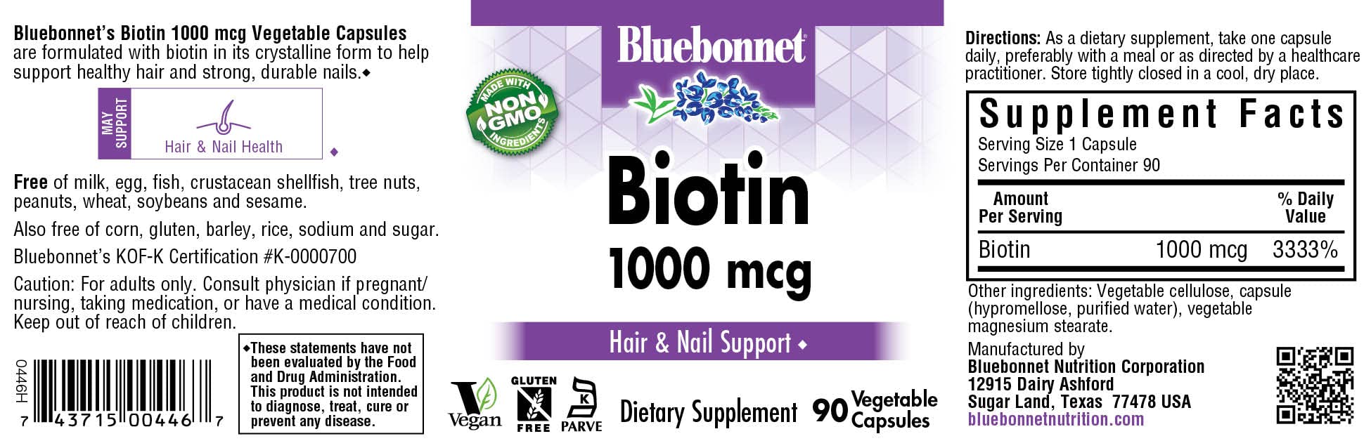 Bluebonnet Biotin 1000 mcg Vegetable Capsules bottle with 90 vegetarian capsules
