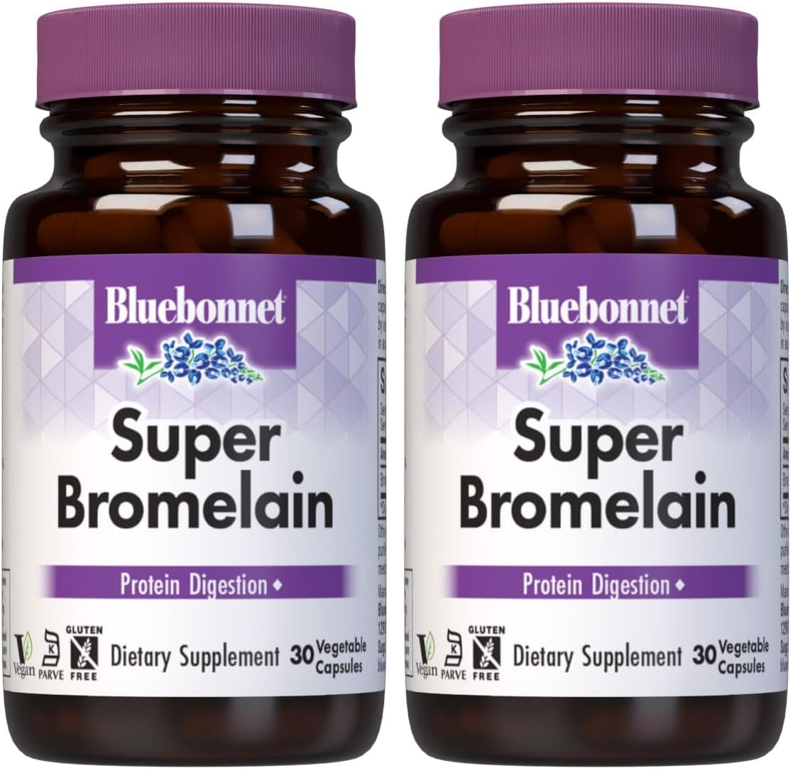 BlueBonnet Super Bromelain Vegetarian Capsules bottle label showing 500 mg Bromelain from Pineapple, 30-count per pack (Pack of 2)