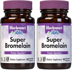 BlueBonnet Super Bromelain Vegetarian Capsules bottle label showing 500 mg Bromelain from Pineapple, 30-count per pack (Pack of 2)