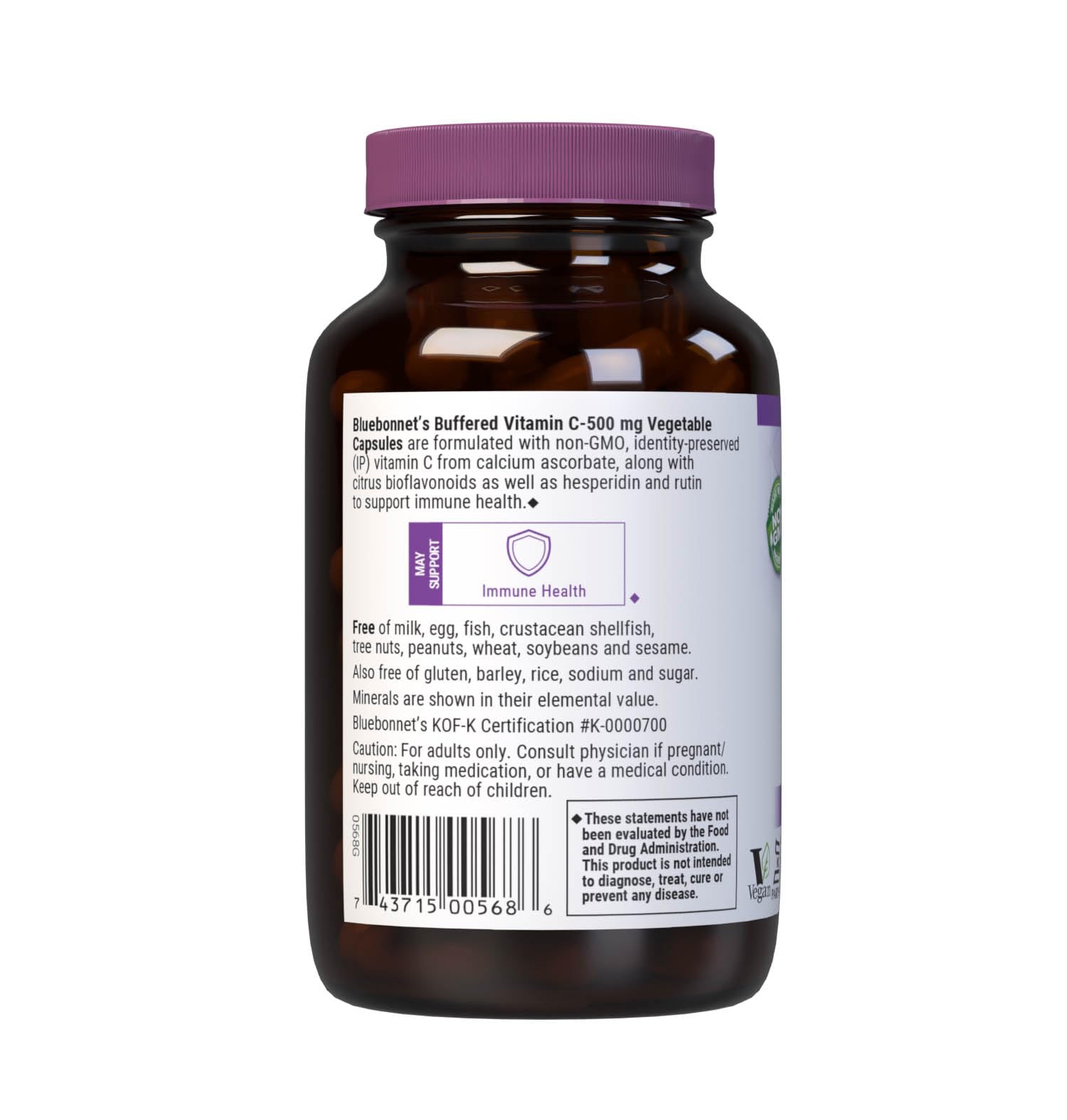 Amber glass bottle packaging of BlueBonnet Buffered Vitamin C with vegan and non-GMO labels