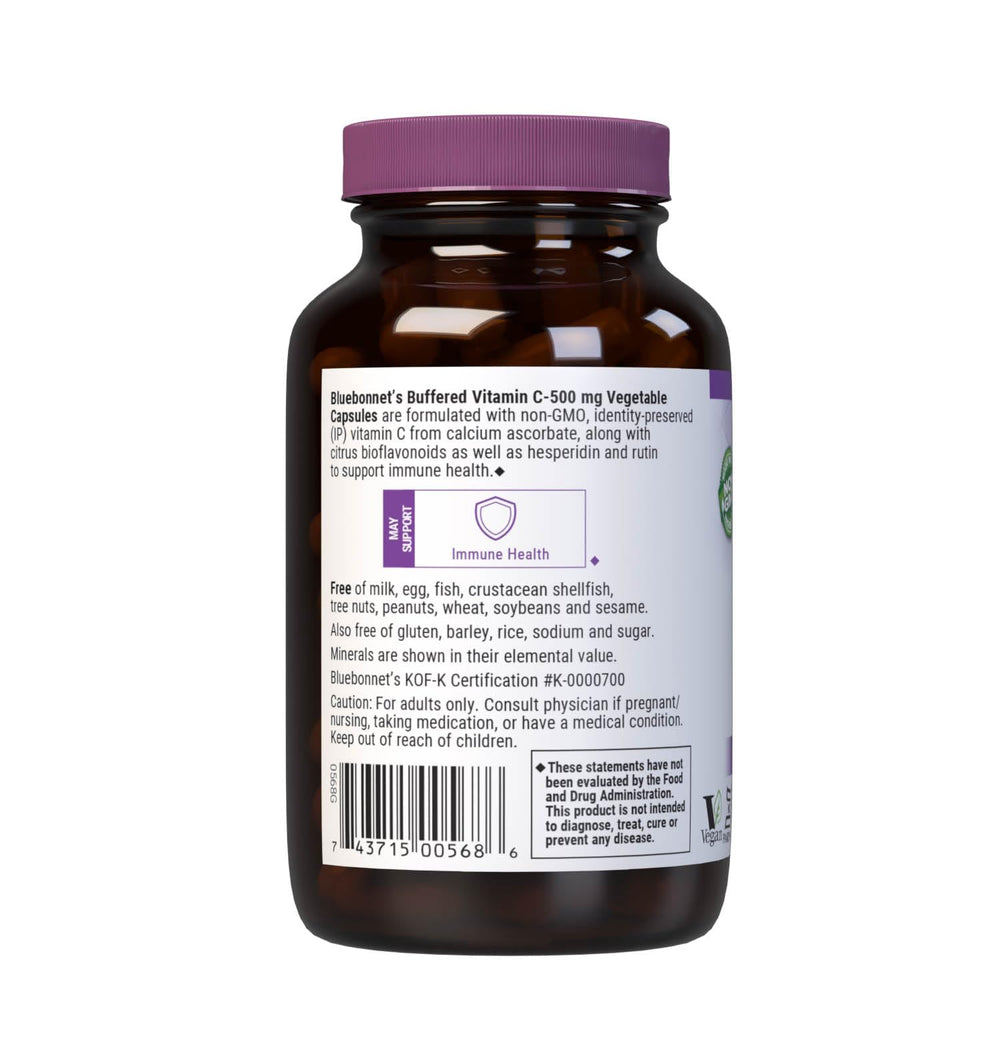 Amber glass bottle packaging of BlueBonnet Buffered Vitamin C with vegan and non-GMO labels