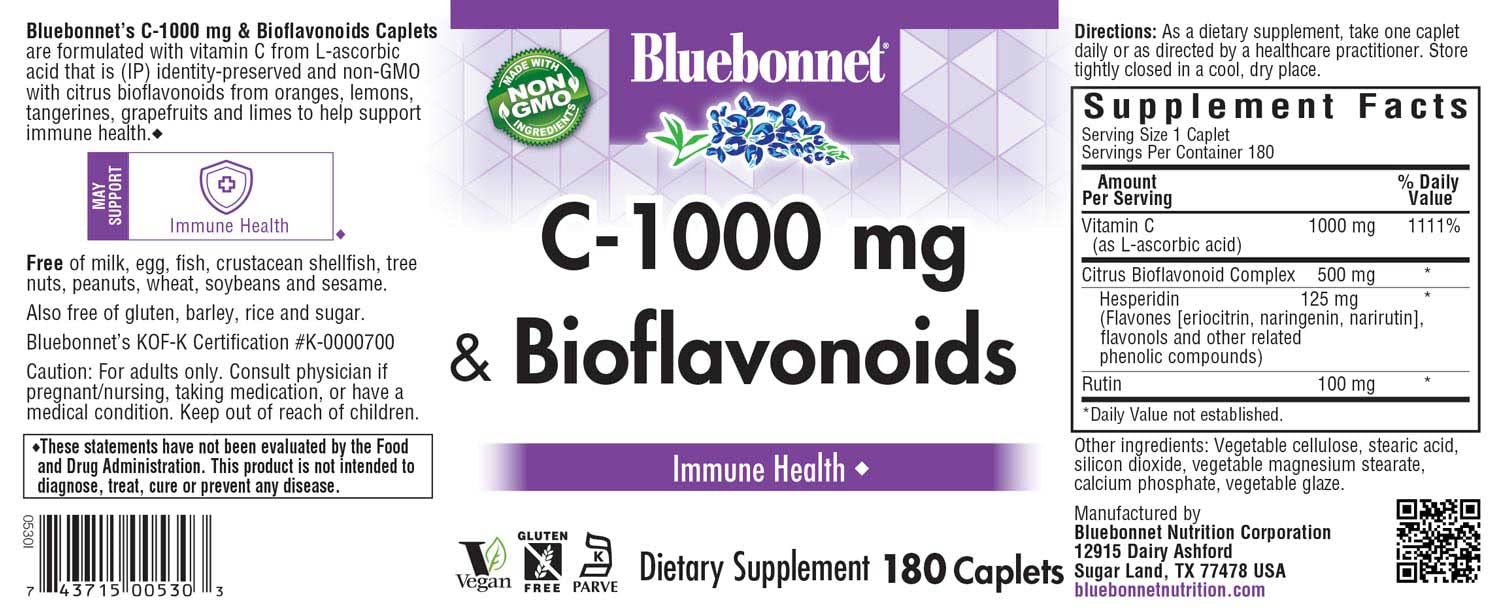 Close-up of Bluebonnet Nutrition C-1000 mg Caplets with Citrus Bioflavonoids - 180 count