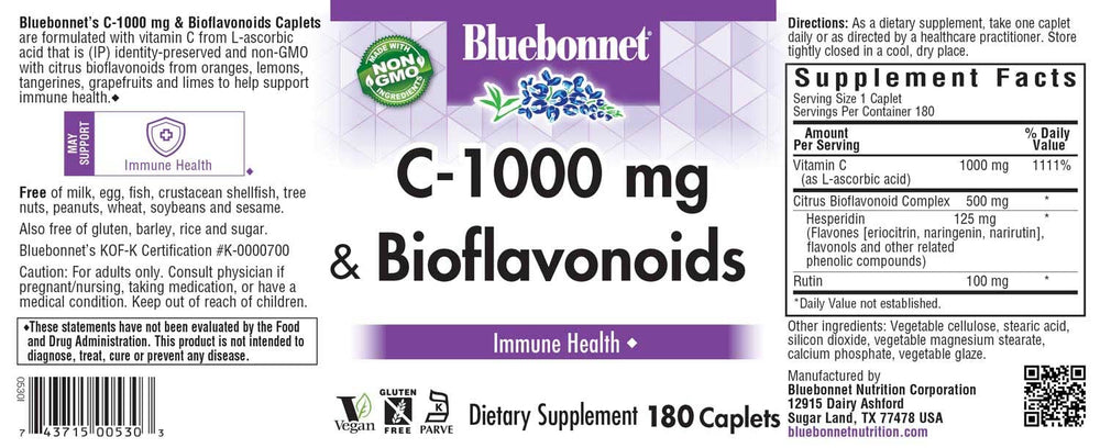 Close-up of Bluebonnet Nutrition C-1000 mg Caplets with Citrus Bioflavonoids - 180 count