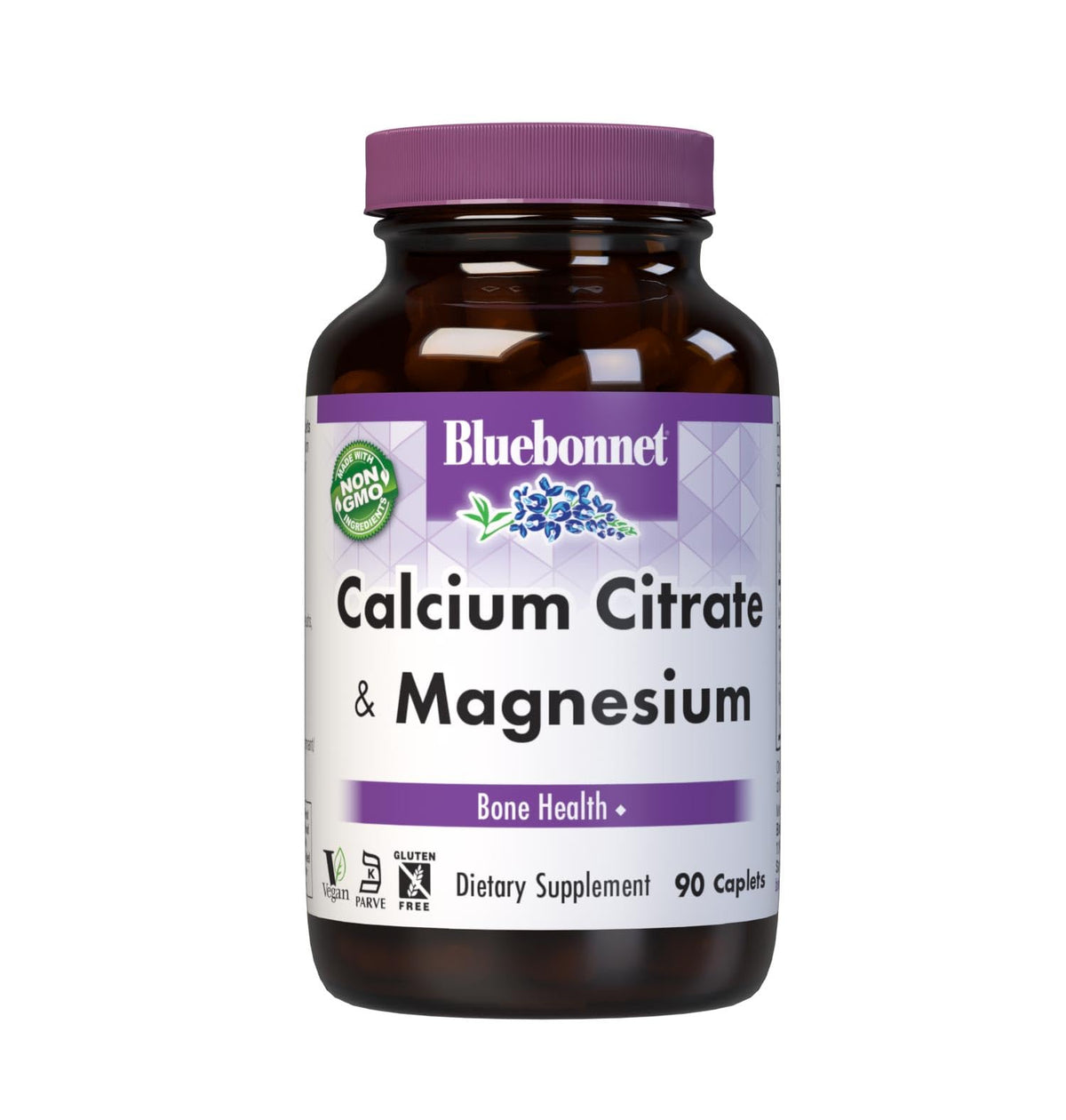 BlueBonnet Calcium Citrate Plus Magnesium Caplets bottle label, 90 count