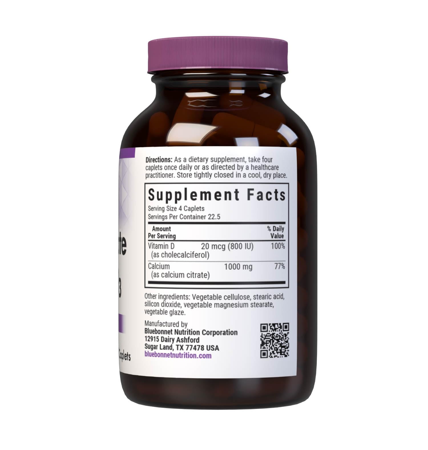 Label close-up showing 1000 mg calcium citrate and 800 IU vitamin D3 per serving