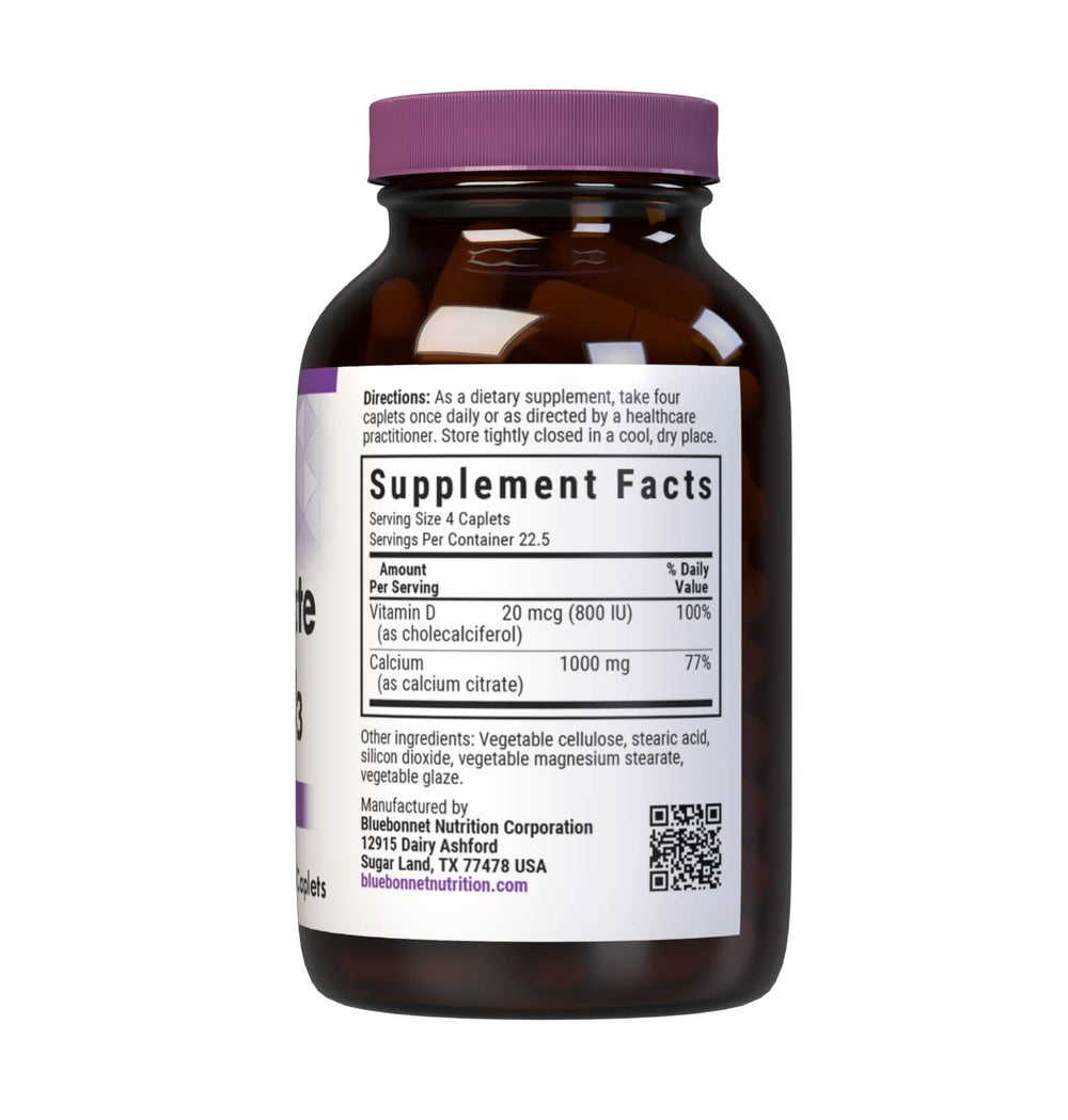 Label close-up showing 1000 mg calcium citrate and 800 IU vitamin D3 per serving