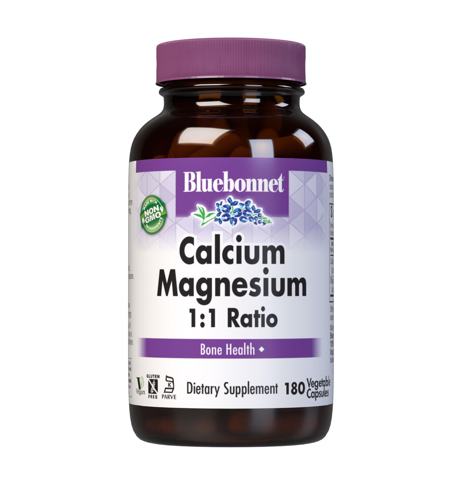 Bluebonnet Calcium Magnesium 1:1 Ratio Vegetarian Capsules bottle with white label