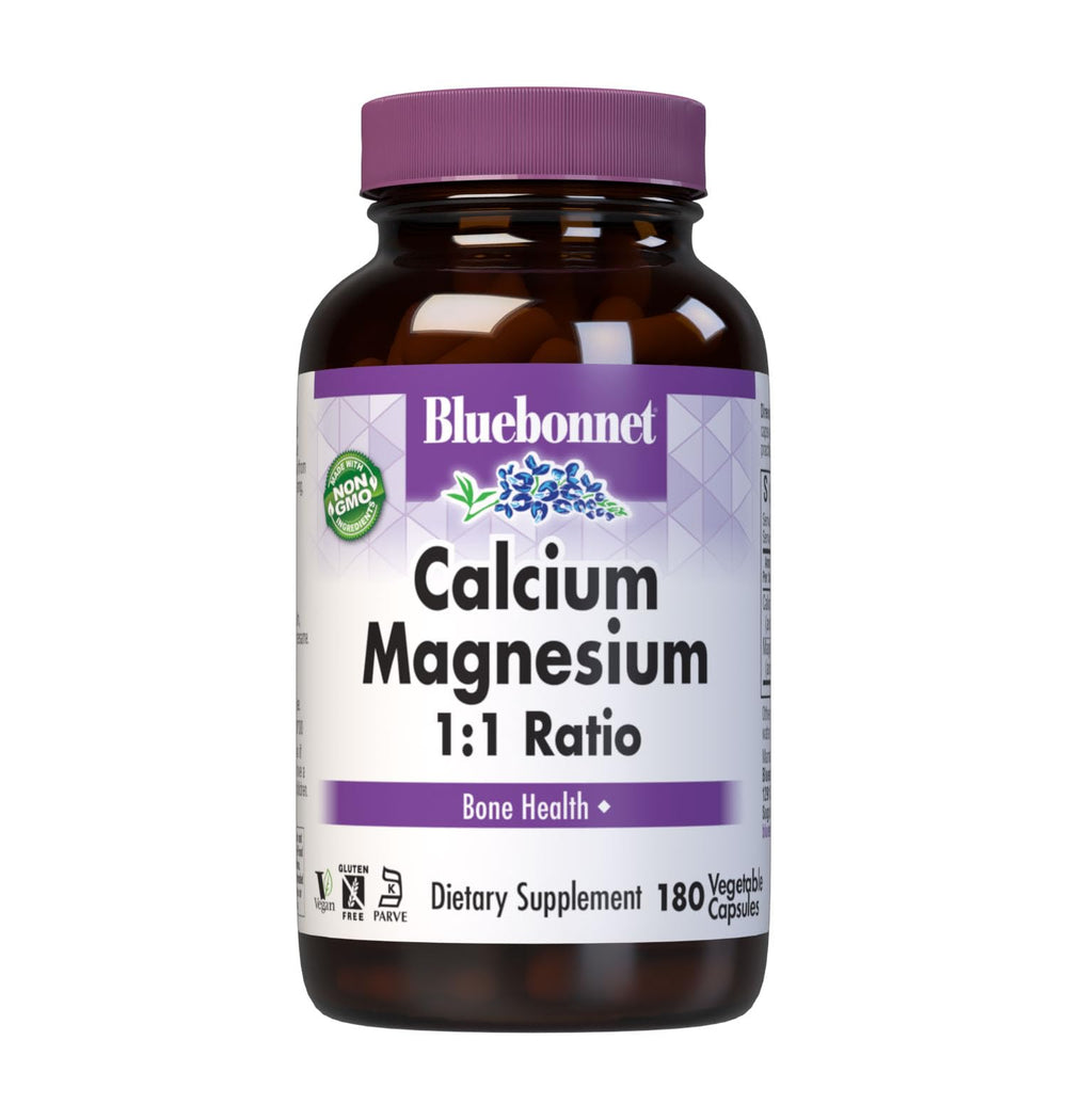 Bluebonnet Calcium Magnesium 1:1 Ratio Vegetarian Capsules bottle with white label