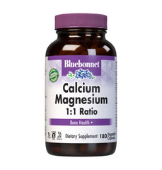 Bluebonnet Calcium Magnesium 1:1 Ratio Vegetarian Capsules bottle with white label