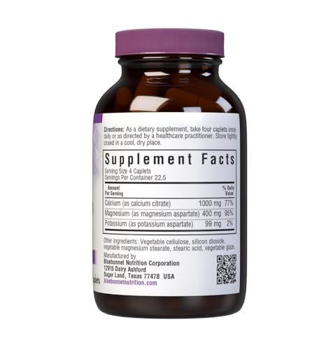 Supplement ingredients showing per-serving amounts: 1000 mg Calcium, 400 mg Magnesium, 99 mg Potassium