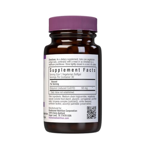 Bluebonnet CellularActive CoQ10 Ubiquinol 50 mg Softgels bottle back with supplement facts