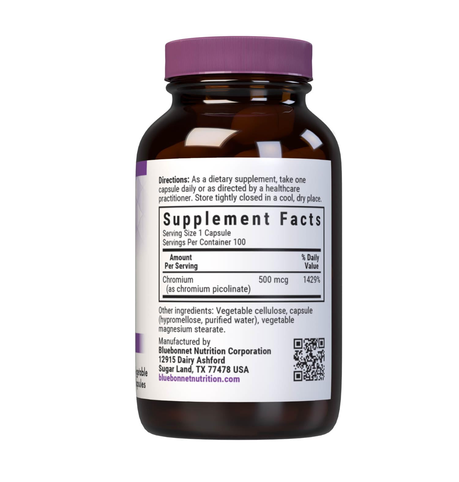 Close-up of Chromium Picolinate 500 mcg Vcaps label