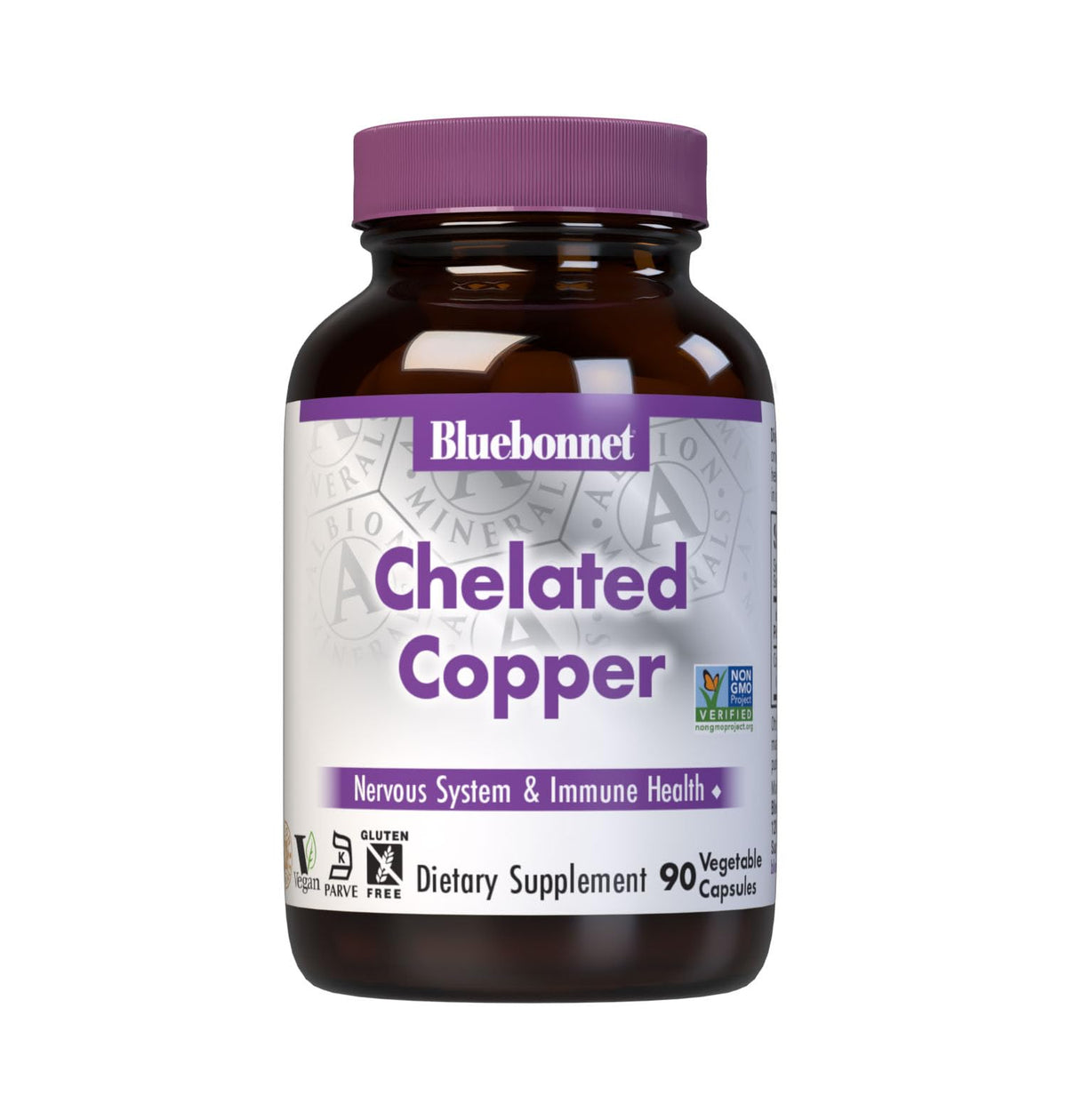 Bluebonnet Chelated Copper 3 mg bottle label highlighting nervous system and immune health