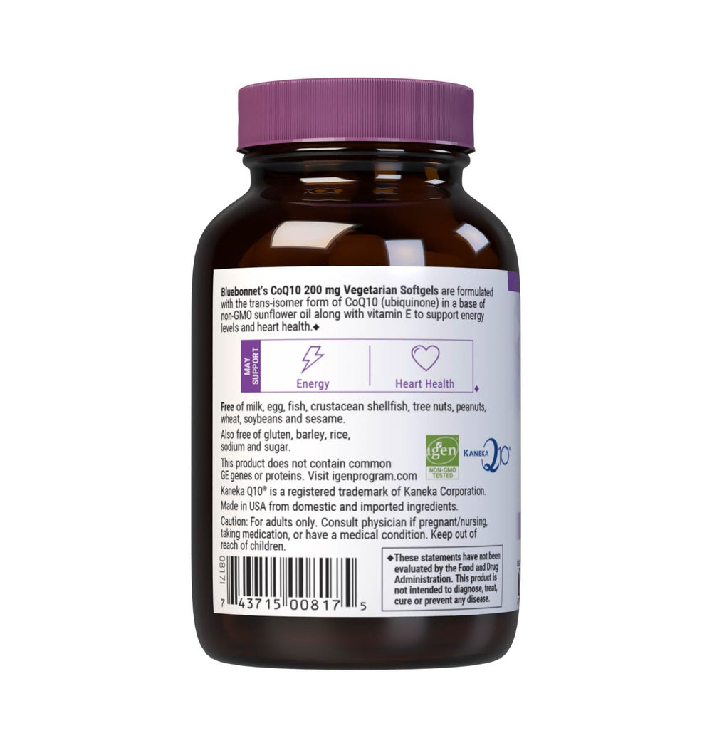 BlueBonnet CoQ-10 label close-up highlights non-GMO, gluten-free, vegetarian formula.