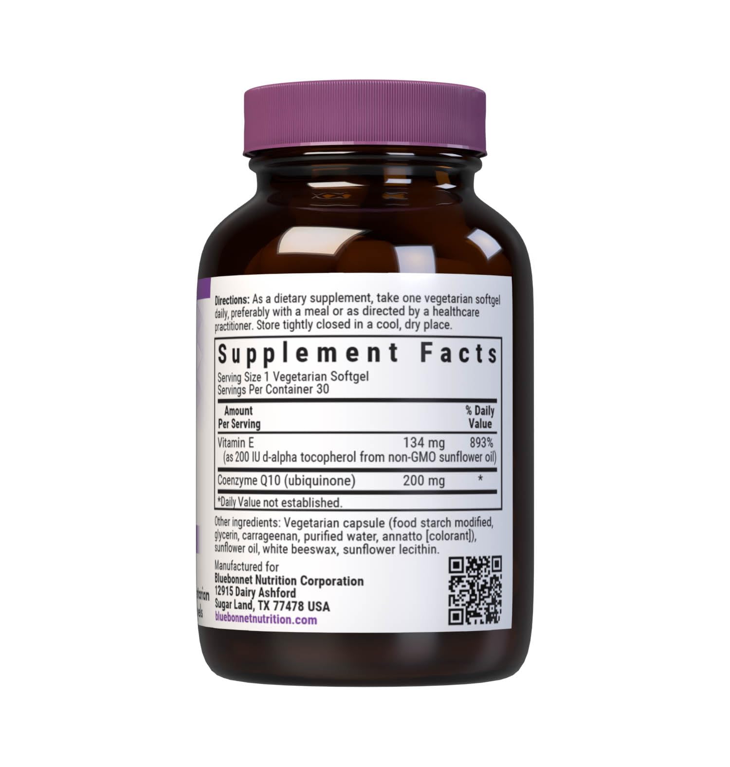 Supplement facts panel for CoQ10 200mg with Vitamin E