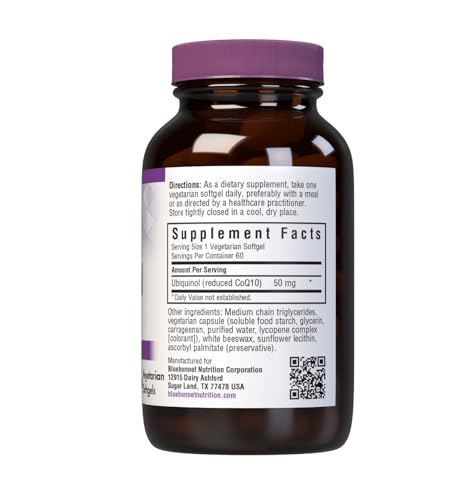 Bluebonnet CoQ10 Ubiquinol 50 mg Vegetarian Softgels bottle side view