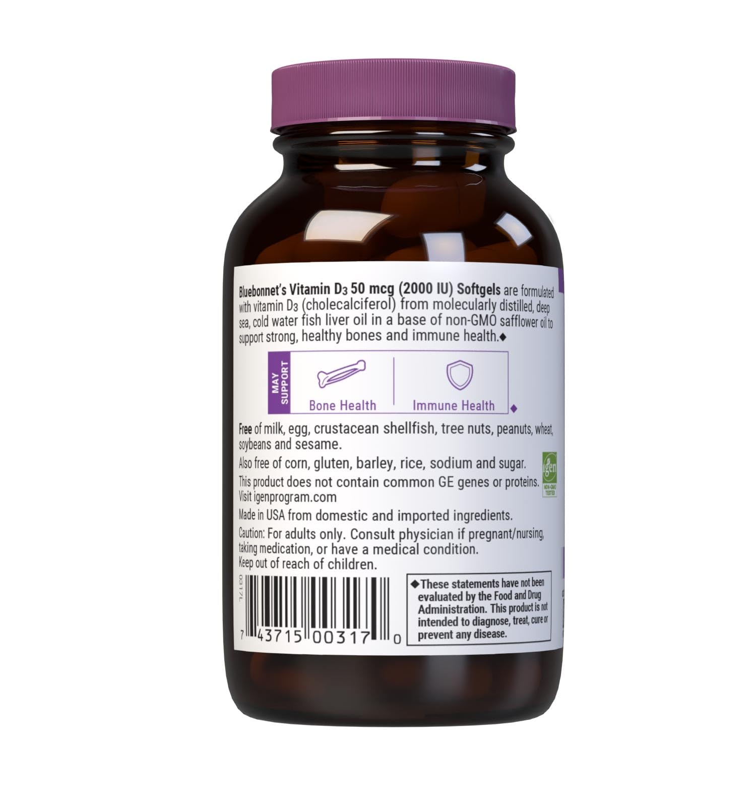 Back of BlueBonnet Vitamin D3 bottle with supplement facts