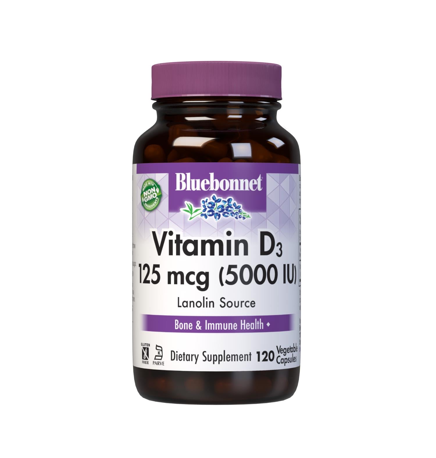 Bottle label for Bluebonnet Vitamin D3 5000 IU 125 mcg veggie capsules