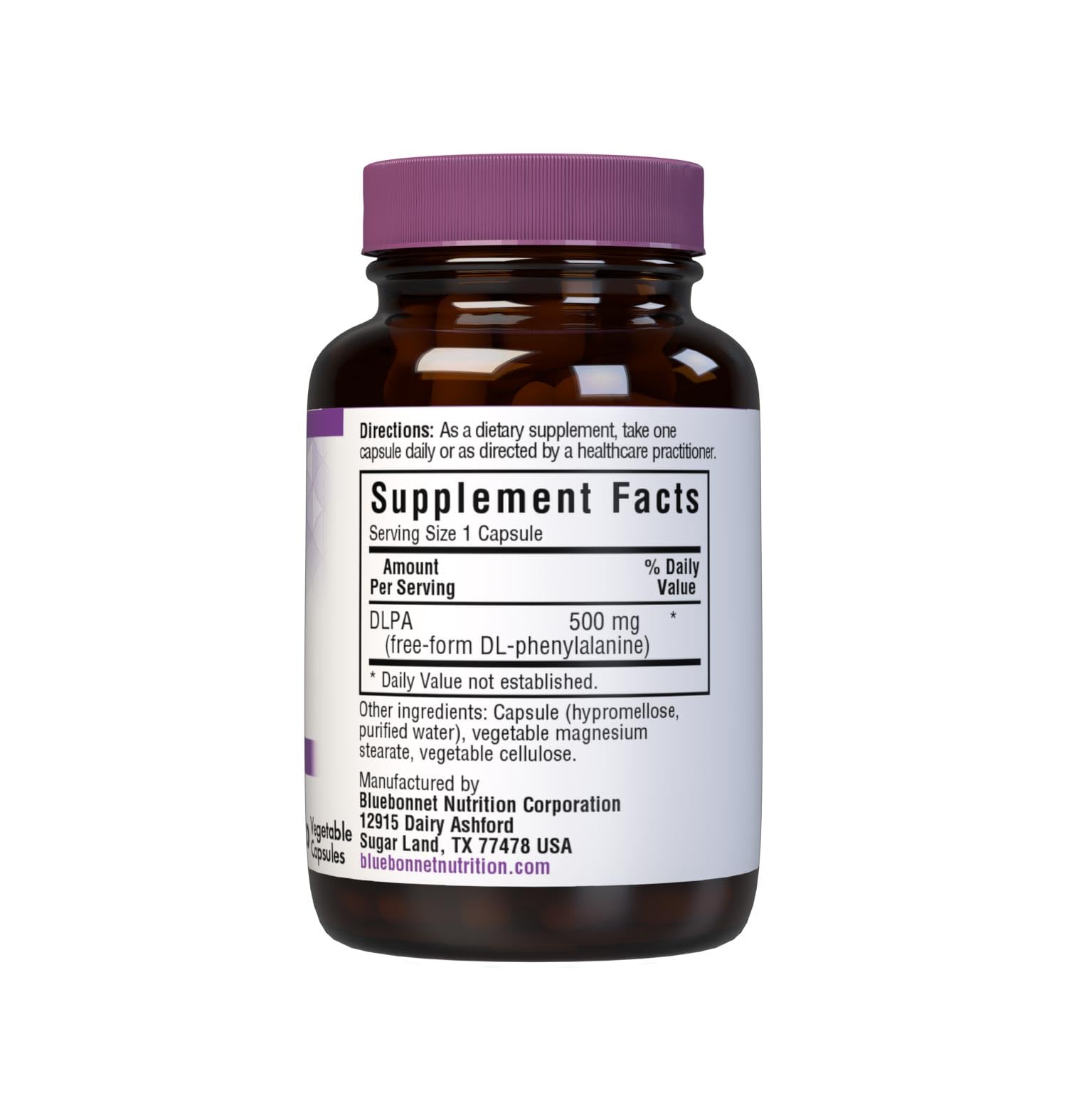 Bluebonnet DLPA 500 mg vegetable capsules label