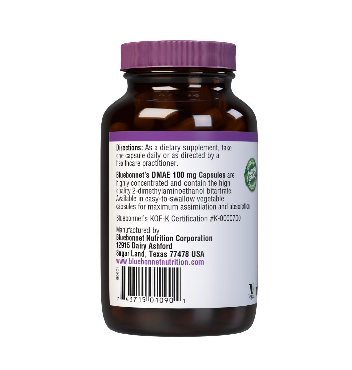 Nutritional label highlighting Gluten-Free, Non-GMO, Vegan on BlueBonnet DMAE supplement