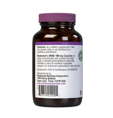 Nutritional label highlighting Gluten-Free, Non-GMO, Vegan on BlueBonnet DMAE supplement