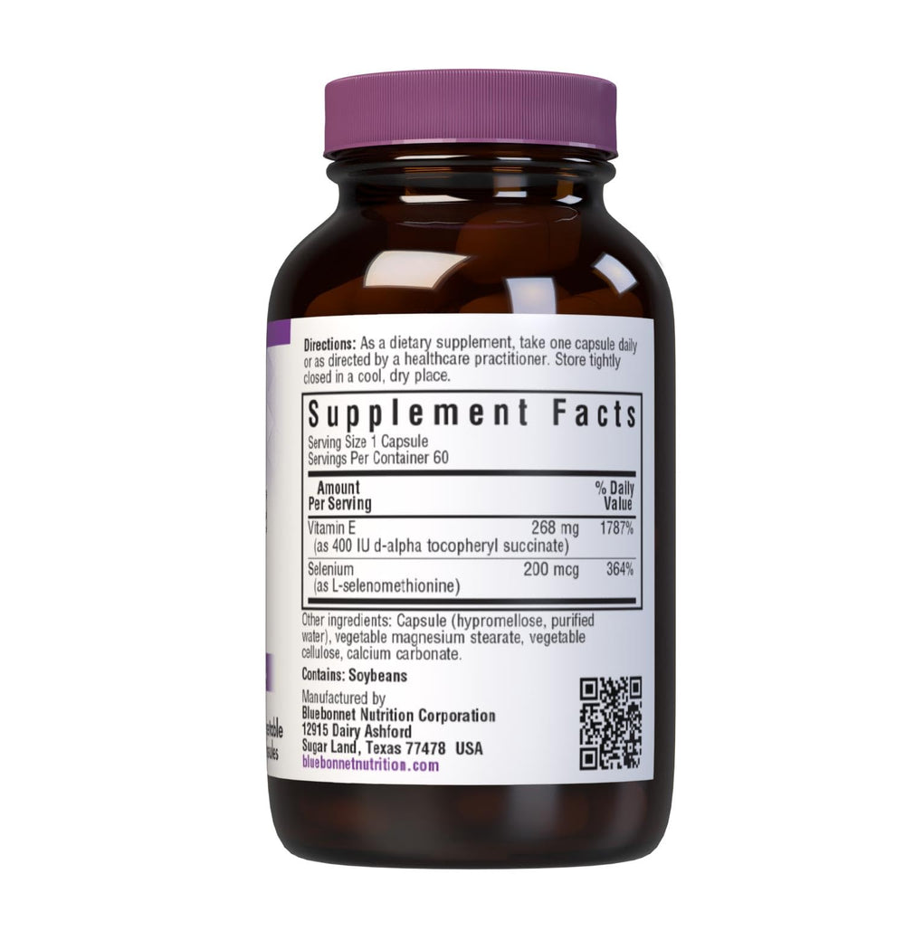Close-up of vitamin E 400 IU and selenium 200 mcg text on bottle