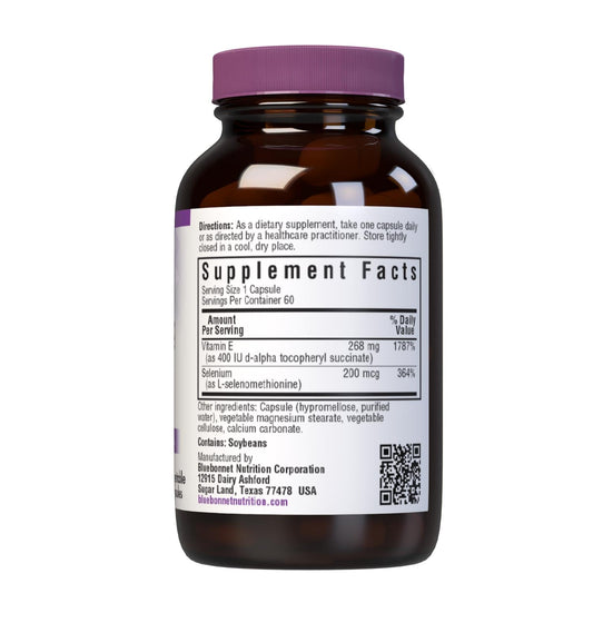 Close-up of vitamin E 400 IU and selenium 200 mcg text on bottle