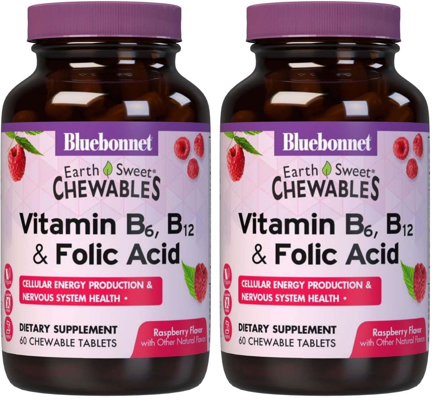 BlueBonnet Nutrition Earth Sweet Raspberry Vitamin B6 B12 Folic Acid Chewable Tablets – Pack of 2 – 60 tablets per pack