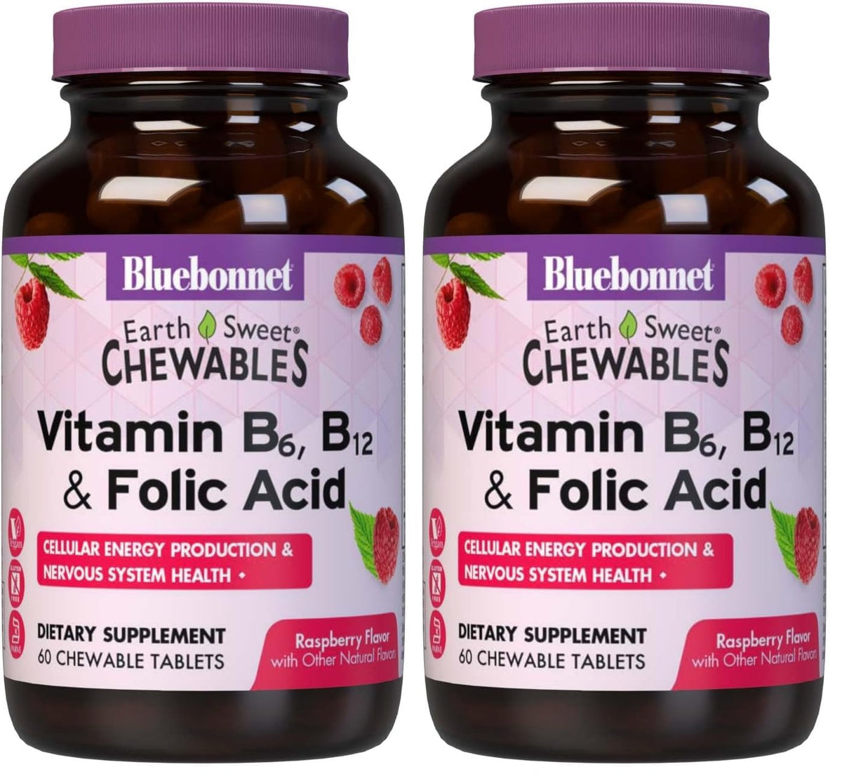 BlueBonnet Nutrition Earth Sweet Raspberry Vitamin B6 B12 Folic Acid Chewable Tablets – Pack of 2 – 60 tablets per pack