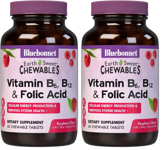 BlueBonnet Nutrition Earth Sweet Raspberry Vitamin B6 B12 Folic Acid Chewable Tablets – Pack of 2 – 60 tablets per pack