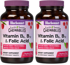 BlueBonnet Nutrition Earth Sweet Raspberry Vitamin B6 B12 Folic Acid Chewable Tablets – Pack of 2 – 60 tablets per pack