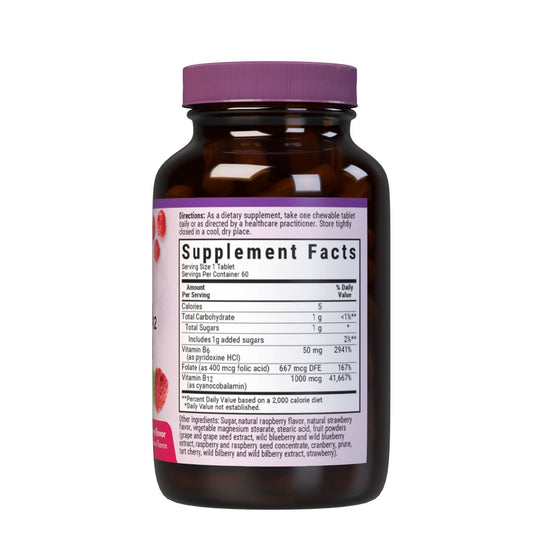 Raspberry flavored vegan chewable tablets with EarthSweet containing B6, B12 and folic acid