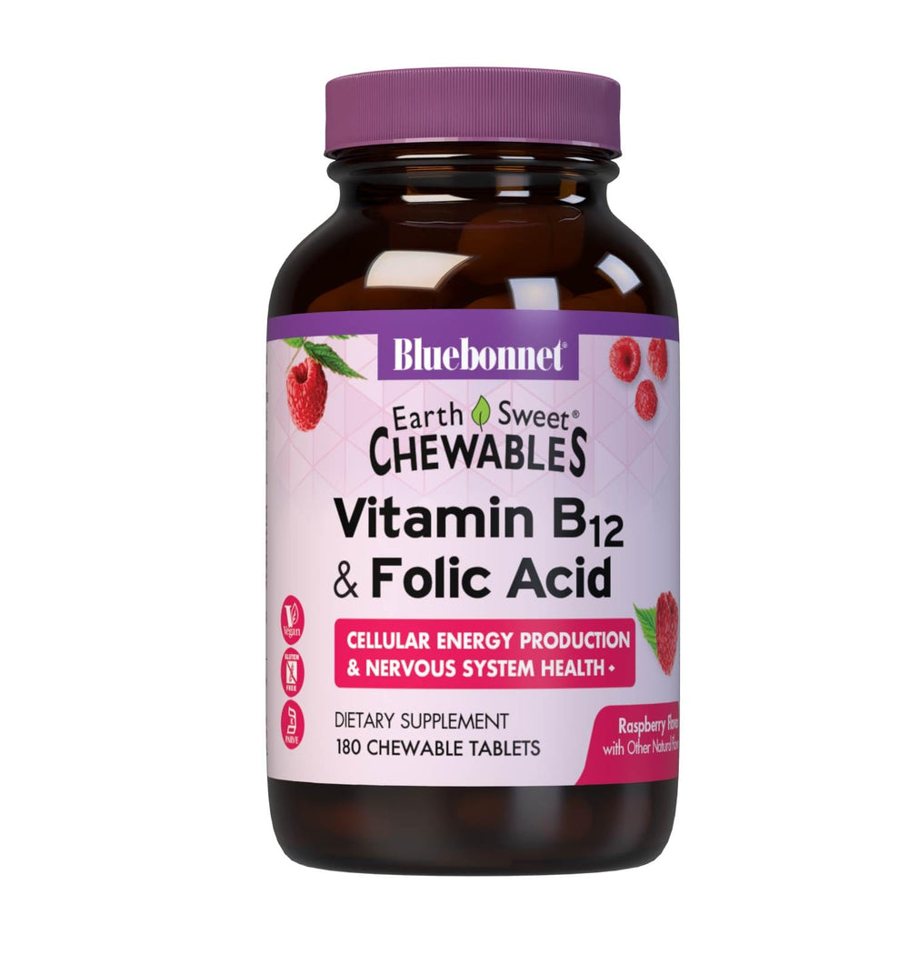 Front view of Bluebonnet EarthSweet B12 and Folic Acid raspberry chewables bottle, 180 tablets