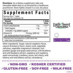 Label of Bluebonnet EarthSweet Vitamin D3 400 IU 90 chewables
